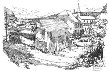 Dessin intitulée "DUINGT - 10" par Alain Rouschmeyer, Œuvre d'art originale, Encre