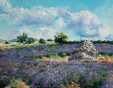 Painting titled "Cabane en pierres s…" by Noelle Huin, Original Artwork, Oil Mounted on Wood Stretcher frame