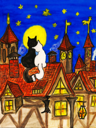 Two cats on the roof 「Two cats on the roof」というタイトルの絵画 Irina Afonskayaによって, オリジナルのアートワーク, 水彩画