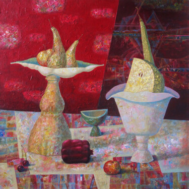 Red and white still life. Malerei mit dem Titel "Red and white still…" von Dmitrii Ryzhikov, Original-Kunstwerk, Acryl Auf Keilrahmen aus Holz montiert