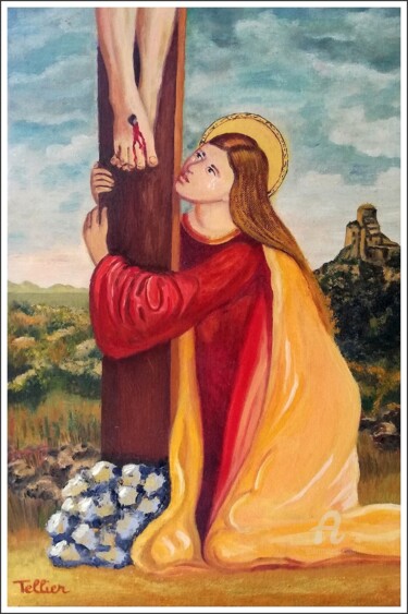 Ζωγραφική με τίτλο "Crucifixion (détail…" από Sophie Tellier, Αυθεντικά έργα τέχνης, Λάδι Τοποθετήθηκε στο Χαρτόνι