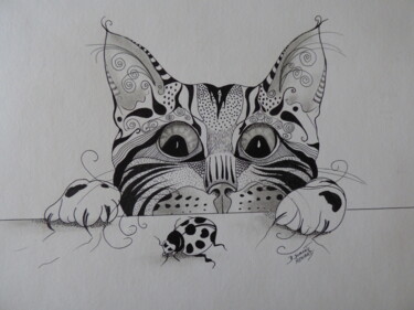图画 标题为“Le chat et la cocci…” 由Elisabeth Renard (B.Dumont Renard), 原创艺术品, 墨