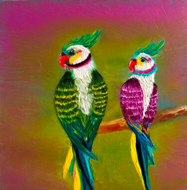 绘画 标题为“Lovebirds of paradi…” 由O. Bar, 原创艺术品, 油 安装在木质担架架上