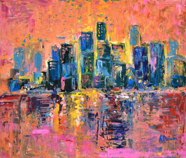 Pink Sky, ORIGINAL PALETTE KNIFE NEW YORK CITY SKYLINE 제목이 "Pink Sky, ORIGINAL…"인 미술작품 Adriana Dziuba로, 원작, 아크릴