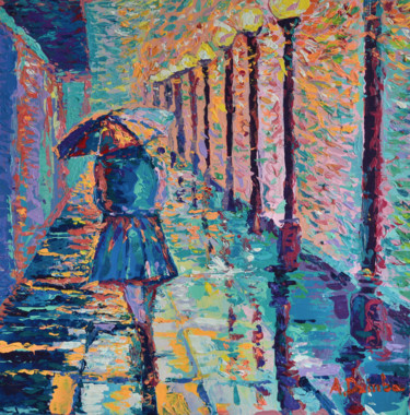 Girl with Umbrella, ORIGINAL PALETTE KNIFE FIGURATIVE CITY 제목이 "Girl with Umbrella,…"인 미술작품 Adriana Dziuba로, 원작, 아크릴