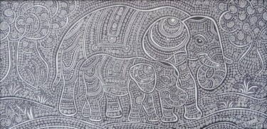 Dessin intitulée "Elephant & Baby" par Purushottam Suryakant Agashe, Œuvre d'art originale, Encre Monté sur Carton