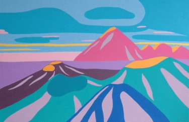 Painting titled "Les volcans de Java" by Emilie Chêne, Original Artwork, Acrylic Mounted on Wood Stretcher frame