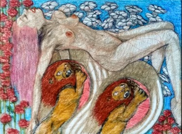 Drawing titled "Flowers over Lions" by Edwin Loftus, Original Artwork, Pencil Mounted on Other rigid panel