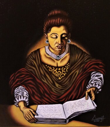 Lady Reading A Book Peinture intitulée "Lady Reading A Book" par Surajit Purkait, Œuvre d'art originale, Huile Monté sur Châssis en bois