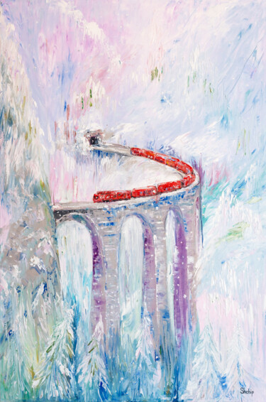 Red Train in The Snow. Switzerland Peinture intitulée "Red Train in The Sn…" par Natalia Shchipakina, Œuvre d'art originale, Huile