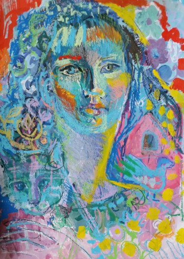 Collagen mit dem Titel "girl night" von Irina Kindritska, Original-Kunstwerk, Pastell