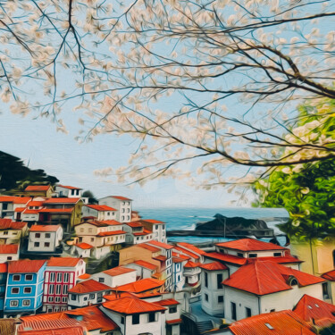 Blossoming cherry branches over the old town by the sea. 제목이 "Blossoming cherry b…"인 디지털 아트 Ievgeniia Bidiuk로, 원작, 디지털 페인팅