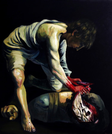 Painting titled "Skalp (na podstawie…" by Kacper Piskorowski, Original Artwork, Oil Mounted on Wood Panel