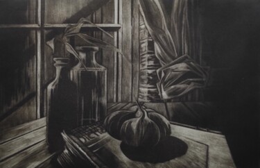 Gravures & estampes intitulée "La tête d'ail" par Dominique Keruzec (Maho), Œuvre d'art originale, Gravure