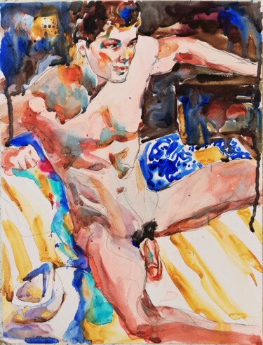 Pintura titulada "Male Nude with Hat…" por Jelena Djokic, Obra de arte original, Acuarela