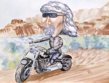 Aquarelle originale: Grosse Tête sur sa Harley Davidson Peinture intitulée "Aquarelle originale…" par Isabelle Redonnet, Œuvre d'art originale, Aquarelle