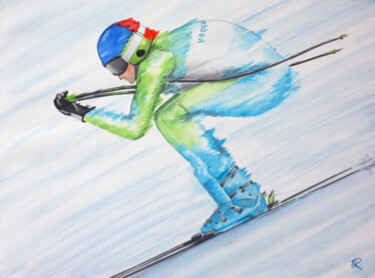 Aquarelle originale, unique, intitulée: Descente à ski Peinture intitulée "Aquarelle originale…" par Isabelle Redonnet, Œuvre d'art originale, Aquarelle