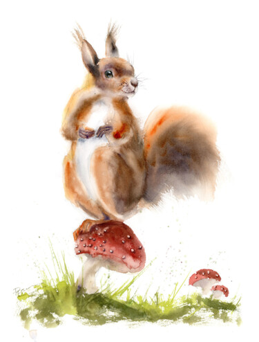 Squirrel on the Mushroom 绘画 标题为“Squirrel on the Mus…” 由Paintispassion, 原创艺术品, 水彩