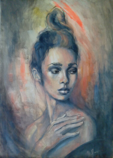 Portrait au chignon Peinture intitulée "Portrait au chignon" par Muriel Henry, Œuvre d'art originale, Huile Monté sur Châssis en bois