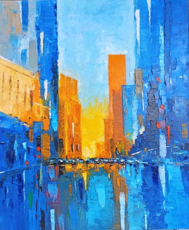 Painting titled "City scene (50x60cm…" by Narek, Original Artwork, Oil Mounted on Wood Stretcher frame