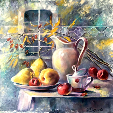 Pears and plums still life oil on canvas Painting titled "Pears and plums sti…" by Tatyana Ustyantseva, Original Artwork, Oil