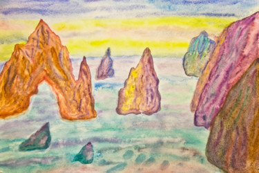 Colourful rocks in sea Pintura intitulada "Colourful rocks in…" por Irina Afonskaya, Obras de arte originais, Aquarela