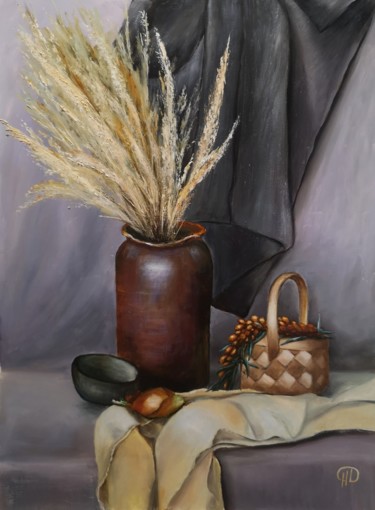 Still life with sea buckthorn Painting titled "Still life with sea…" by Natalie Demina, Original Artwork, Oil Mounted on Cardboard