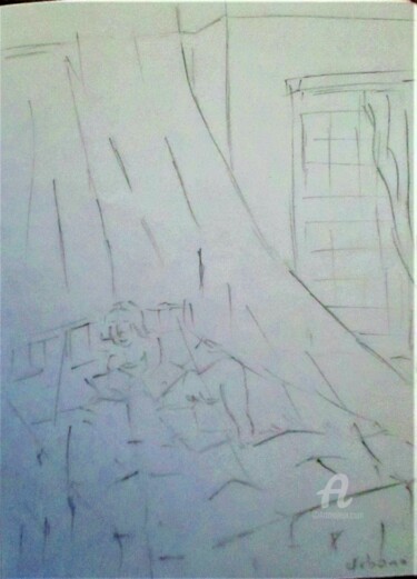 Drawing titled "Sous la moustiquaire" by Roberto Urbano, Original Artwork, Pencil