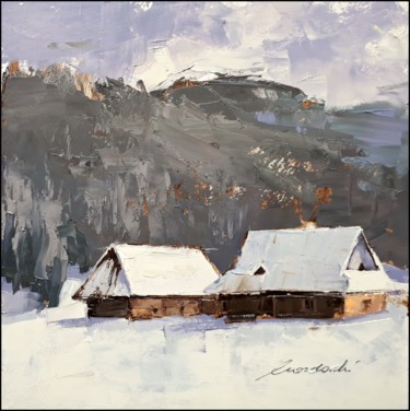 Painting titled "Białe dachy" by Kazimierz Mordarski, Original Artwork, Oil
