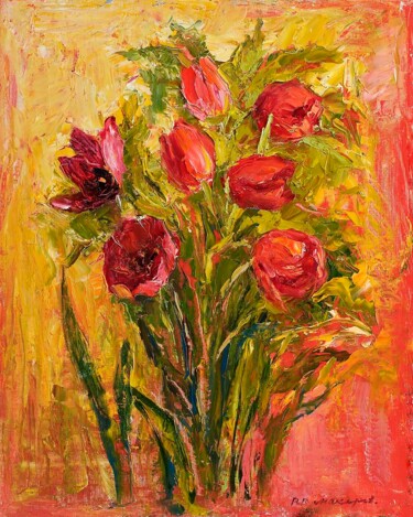 Still life with tulips 绘画 标题为“Still life with tul…” 由Viktor Makarov, 原创艺术品, 油 安装在纸板上