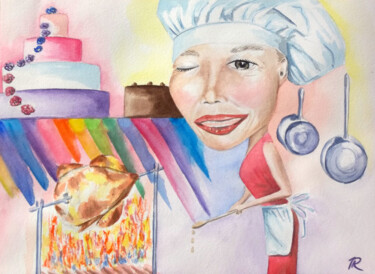 Aquarelle originale et unique: Grosse tête Cuisinière Peinture intitulée "Aquarelle originale…" par Isabelle Redonnet, Œuvre d'art originale, Aquarelle