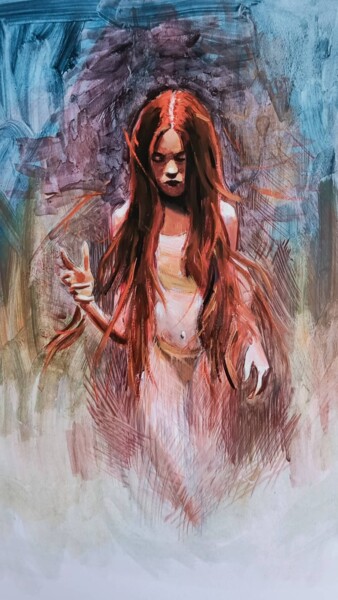 Painting titled "Nü kırmızılı cadi" by Muzaffer Bulut, Original Artwork, Oil
