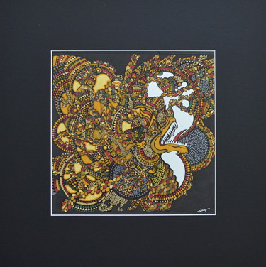 Dessin intitulée "La Danse du Dragon" par Emilie Chaplain, Œuvre d'art originale, Encre