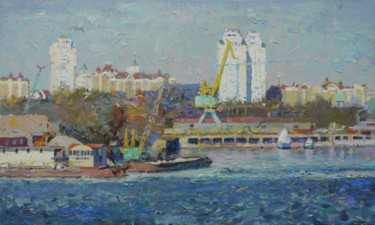 Harbor on the Dnieper in Kiev Peinture intitulée "Harbor on the Dniep…" par Victor Onyshchenko, Œuvre d'art originale, Huile