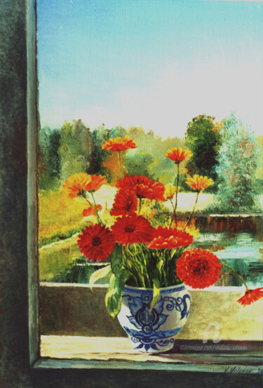 Flowers on the window Malerei mit dem Titel "Flowers on the wind…" von Vladimir Volosov, Original-Kunstwerk, Öl Auf Keilrahmen aus Holz montiert