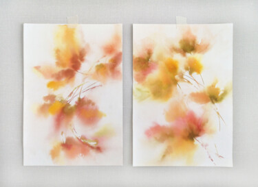 Loose yellow flowers set of 2, autumn watercolor art 绘画 标题为“Loose yellow flower…” 由Olya Grigorevykh, 原创艺术品, 水彩