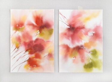 Red abstract flowers. Set of 2 watercolor floral paintings 绘画 标题为“Red abstract flower…” 由Olya Grigorevykh, 原创艺术品, 水彩