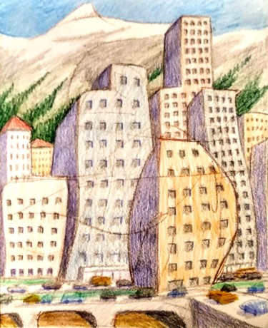 图画 标题为“The City Rises” 由Edwin Loftus, 原创艺术品, 铅笔 安装在其他刚性面板上