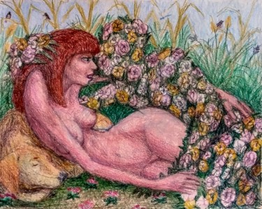 Drawing titled "Nude with a Floral…" by Edwin Loftus, Original Artwork, Pencil Mounted on Other rigid panel