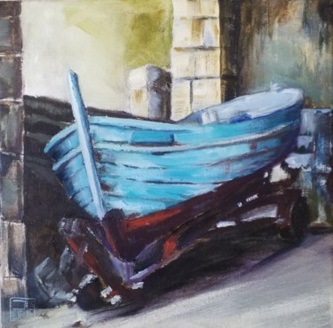 Malerei mit dem Titel "La barque bleue" von Patricia Lejeune, Original-Kunstwerk, Öl