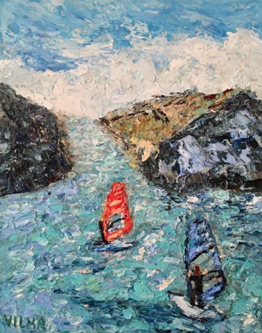 Windsurfing Impasto Oil Painting On Canvas Original Signed Pintura titulada "Windsurfing Impasto…" por Vilma Gataveckiene, Obra de arte original, Oleo