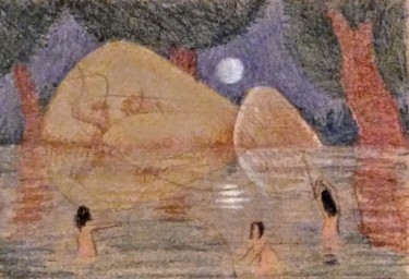 제목이 "Moonlight Bathers,…"인 그림 Edwin Loftus로, 원작, 연필 기타 단단한 패널에 장착됨