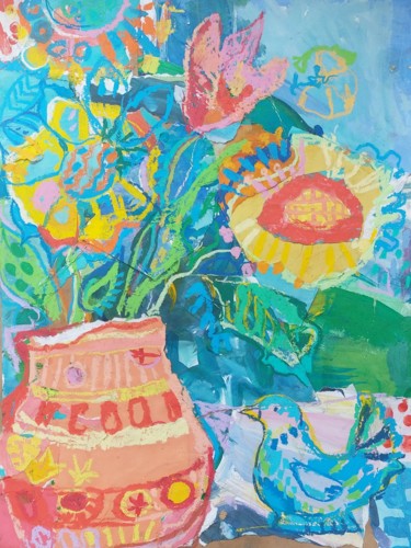 Malerei mit dem Titel "a little bird arriv…" von Irina Kindritska, Original-Kunstwerk, Gouache