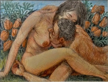 Drawing titled "Lovers with Golden…" by Edwin Loftus, Original Artwork, Pencil Mounted on Other rigid panel