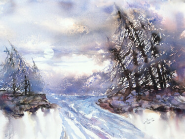 Painting titled "Éclaircie" by Diane Beaulieu, Original Artwork, Watercolor Mounted on Wood Panel