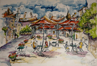 MORTEMART PLACE DE CHATEAU DES DUCS 제목이 "MORTEMART PLACE DE…"인 미술작품 Sandrine Audevard로, 원작, 수채화 나무 들것 프레임에 장착됨