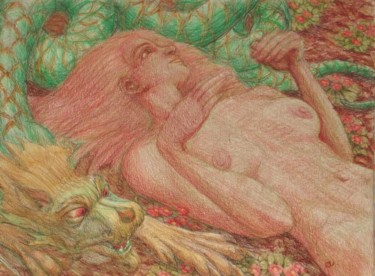 Drawing titled "Dragon and a Girl" by Edwin Loftus, Original Artwork, Pastel Mounted on Other rigid panel
