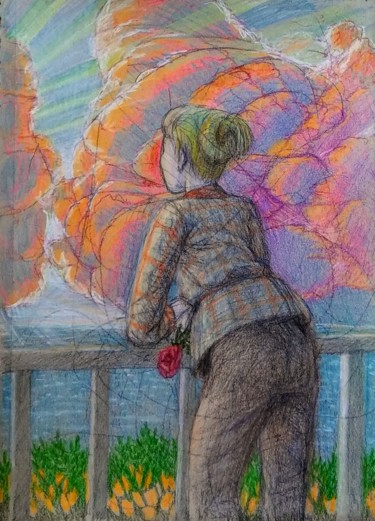 Drawing titled "Sunset over the Pac…" by Edwin Loftus, Original Artwork, Pencil Mounted on Other rigid panel