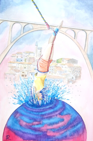 Aquarelle originale et unique, intitulée: Saut à l'élastique Peinture intitulée "Aquarelle originale…" par Isabelle Redonnet, Œuvre d'art originale, Aquarelle