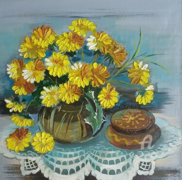 Painting titled ",,Dandelions''" by Iryna Tyschenko, Original Artwork, Oil Mounted on Wood Stretcher frame